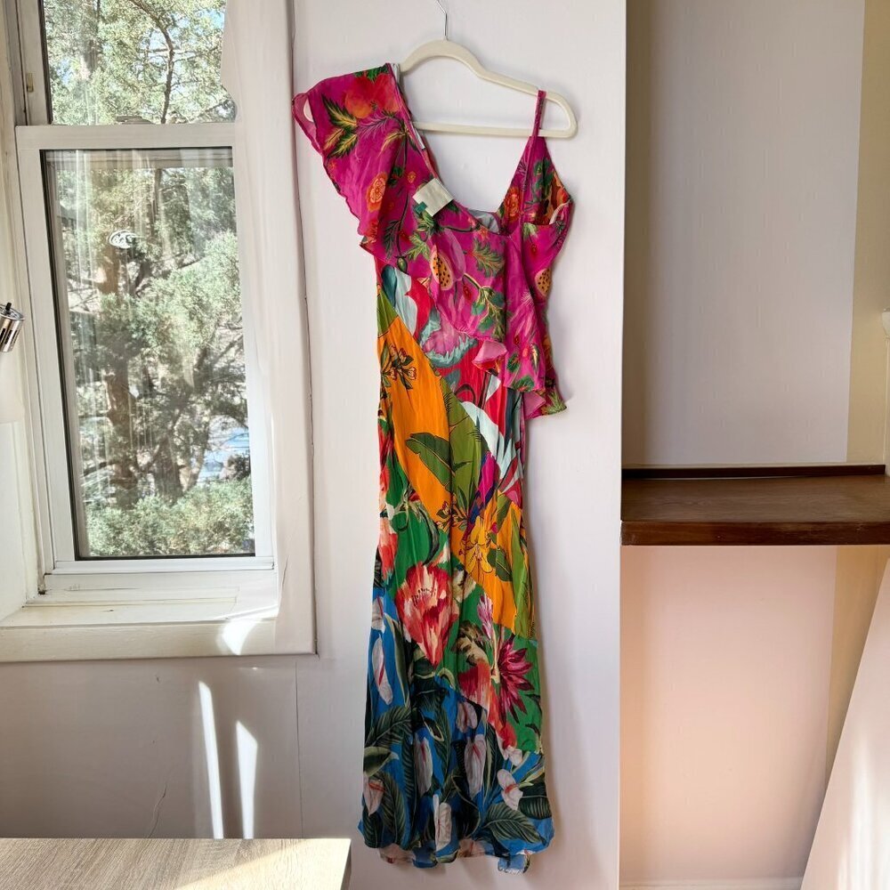 Farm Rio Mixed Flowery Ruffle One Shoulder Midi Dress Tropical Floral Medium - Picture 7 of 17